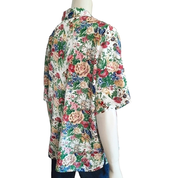 VINTAGE 80s Floral Blouse size XL Button Front Short Sleeve Grannycore - Picture 6 of 9